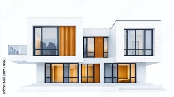 Fototapeta apartment block facade, large windows and compact balconies, modern style, concept digital art, isolated on white background