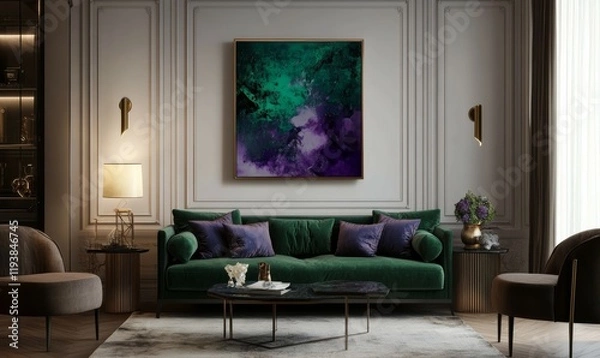 Fototapeta Abstract Emerald Green Purple Artwork Decorates Luxury Living Room