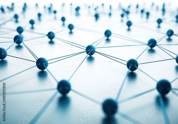 Fototapeta Abstract 3D Network of Blue Nodes Connected by Lines Symbolizing Technology, Communication, and Data Sharing in a Digital Environment