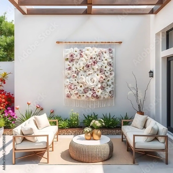Fototapeta Modern Patio Oasis Featuring Floral Wall Art
