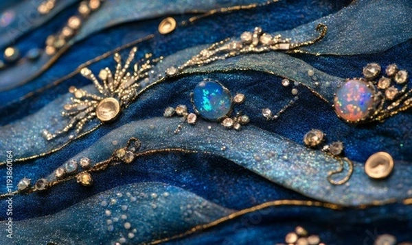 Fototapeta Shimmering indigo ocean waves with sparkling opals, gemstone, opal, coral