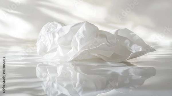 Fototapeta Crumpled white fabric on reflective surface.