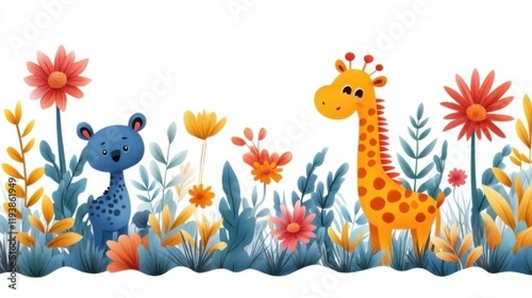 Obraz Adorable Cartoon Animals in a Vibrant Floral Landscape Featuring a Cheerful Giraffe and a Playful Leopard Surrounded by Colorful Flowers and Lush Greenery