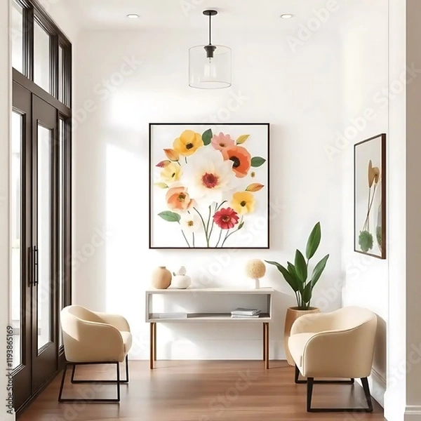 Fototapeta Colorful floral artwork adorns a modern minimalist entryway
