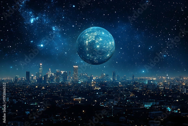 Fototapeta Night Cityscape Underneath a Celestial Sphere, Illuminated Buildings Reflecting Starry Night.  A cosmic wonder above urban sprawl.