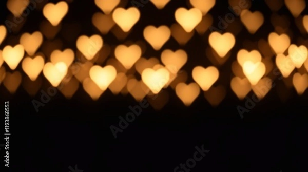 Obraz A romantic minimalist Valentine's Day design featuring glowing heart-shaped bokeh lights in natural earth tones and bright lens flares, softly fading into a luxurious black background