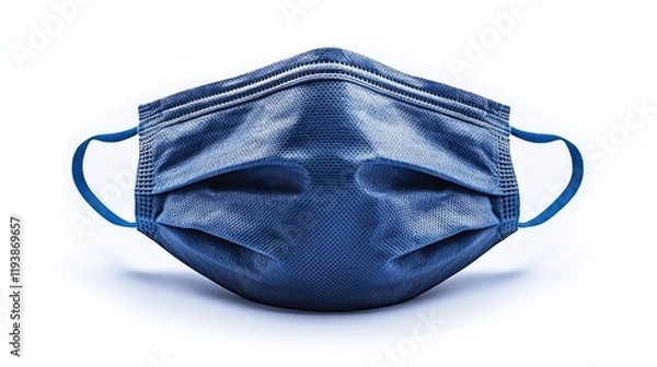 Fototapeta modern blue medical face mask is displayed on white background crisp lighting highlighting its texture and sterile appearance for healthcare or personal use.