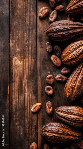 Fototapeta Cacao pods and processed beans displayed on a wooden surface showcasing chocolate's journey from fruit to product
