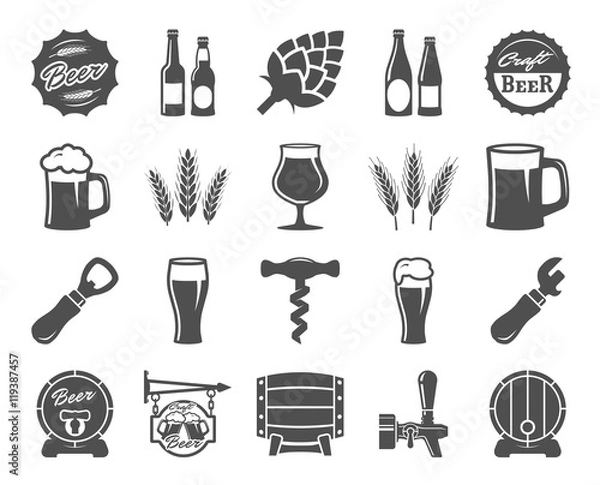 Obraz beer, brewing, ingredients, consumer culture. set of black icons