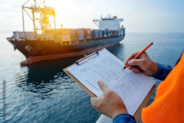 Obraz A shipping worker inspects cargo while taking notes on a clipboard next to a container ship at sea during sunset.