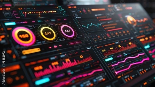 Fototapeta Futuristic digital dashboard with vibrant graphs and data displays, showcasing analytics and metrics in neon colors