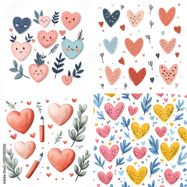 Fototapeta Playful Valentine Day art with romantic hearts and leaves