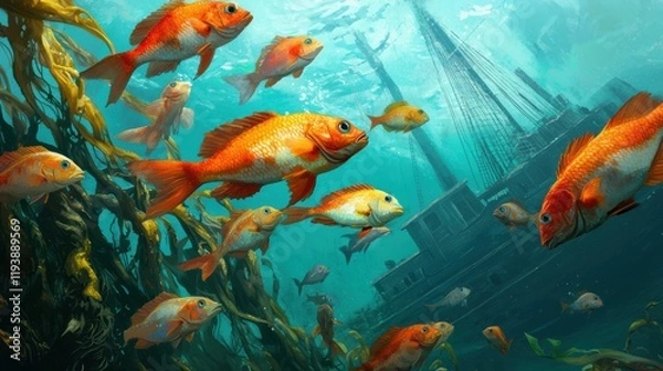 Fototapeta Vibrant Underwater Scene with Colorful Fish and Sunken Shipwreck