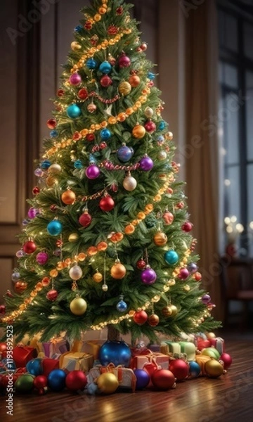 Fototapeta A Christmas tree decorated with colorful ornaments and sparkling garlands, bauble,