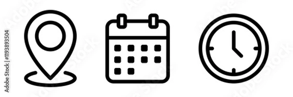 Fototapeta Address location icon. Stopwatch timer icon. Date Calendar icon - Web icons set