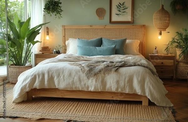Fototapeta Scandinavian Style Cozy Bedroom Interior with Light Wood Bed Rattan Headboard and Soft White Bedding