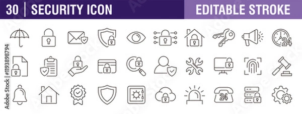Fototapeta Collection of security icons. Privacy, police, defense, protection, security system. Vector design template, signs, symbols, editable stroke.