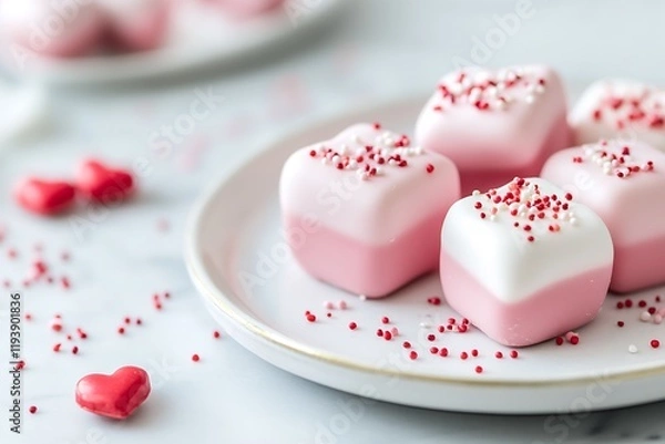 Fototapeta Heart Shaped Pink and White Cakes Adorned with Sugar Sprinkles : Generative AI