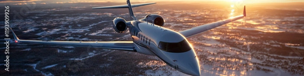 Fototapeta Silver Private Jet in Flight Over Snow-Covered Terrain at Sunset
