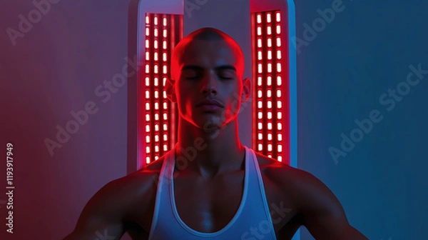 Obraz Futuristic red light therapy session. Man relaxes under red LED lights.