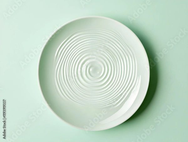 Fototapeta White Plate with Embossed Concentric Circles on Pale Green Background