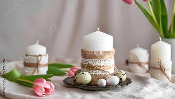 Fototapeta Rustic Candles with Burlap and Lace Decor, Quail Eggs, and Tulips