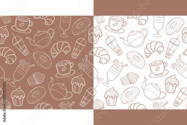 Fototapeta Set of two pastry and coffee seamless patterns in doodle engraved sketch style. Baked goods: donuts, muffins, croissants, latte, cappuccino, americano, mocha. Coffee color and white background