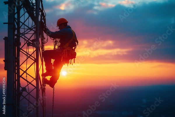 Fototapeta A lone, focused electrical lineworker, silhouetted against a vibrant sunrise, meticulously repairs power lines on a towering metal grid.

