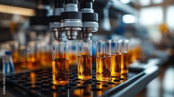 Fototapeta Automated system dispensing amber liquid into glass cylinders in a laboratory setting.