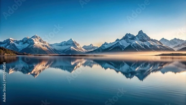 Fototapeta Serene sunrise over a tranquil lake reflecting snow-capped mountain peaks