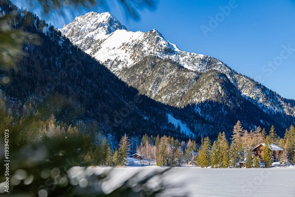 Obraz Champex-Lac on a snowy winter day in Orsieres in the district of Entremont in the canton of Valais in Switzerland