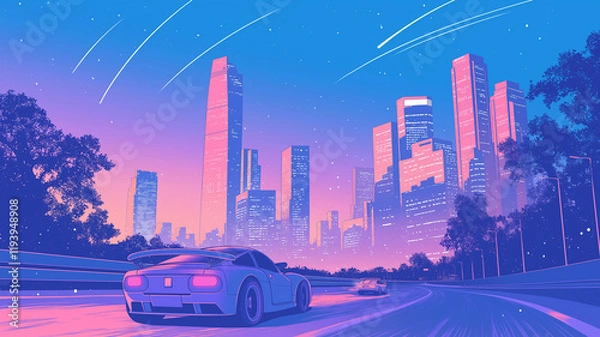 Fototapeta ネオンに染まる都会とスポーツカー｜スタイリッシュなSF風景