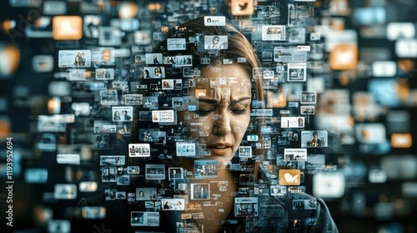 Fototapeta Emotional woman surrounded by chaotic digital images representing overwhelming online information and social media interactions in a surreal perspective