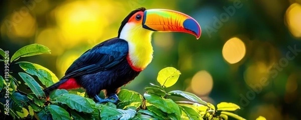 Fototapeta Vibrant Toucan Perched on Green Leaves with a Lush Background and Stunning Colorful Bill in Natural Habitat