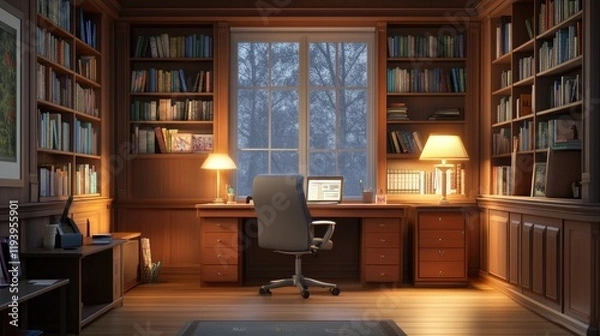 Fototapeta Stylish home office with a sleek desk, ergonomic chair, bookshelves, and a soft glow from a desk lamp, creating a peaceful work environment