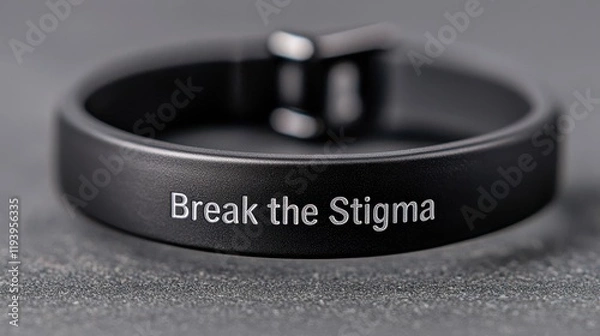Fototapeta Black bracelet engraved with the message "Break the Stigma" on a textured surface.
