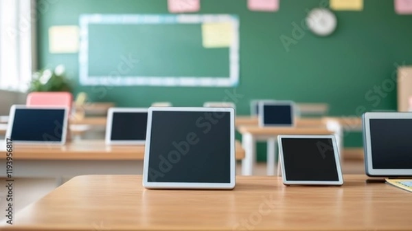 Fototapeta Modern classroom featuring tablets on desks, highlighting technology in education.