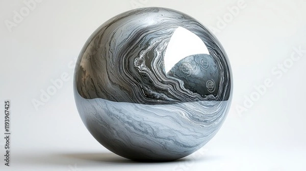 Fototapeta Polished chrome sphere with gray marble pattern, reflective surface.