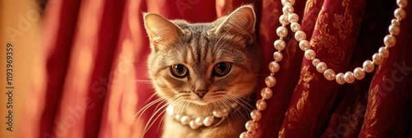 Fototapeta Glamorous cat adorned with pearls stands elegantly in a theater setting brightened by soft lighting. Generative AI