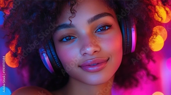 Fototapeta Close-up portrait of a young woman with headphones, illuminated by colorful lights.