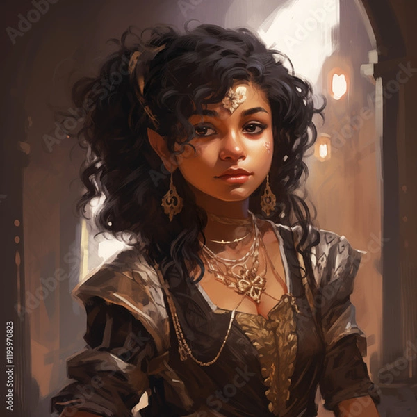 Fototapeta Portrait of a female gnome with a dark complexion in a city from a fantasy world.