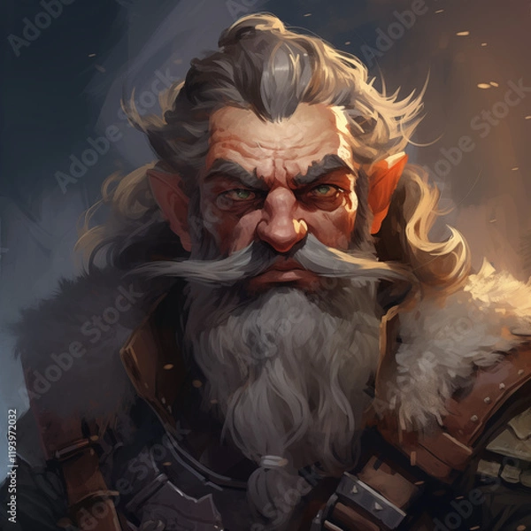 Fototapeta Portrait of a grey-haired male gnome warrior in a tavern from a fantasy world.