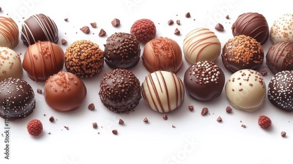 Fototapeta Assortment of Gourmet Chocolate Truffles with Various Toppings on a White Background for Desserts, Celebrations, Gifts, and Culinary Inspiration