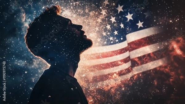 Fototapeta A double exposure of an American man's silhouette filled with the American flag and fireworks in space, cinematic, and hyper-realistic. - Generative AI