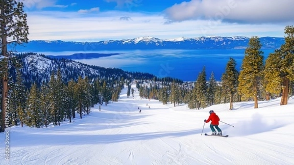 Fototapeta Skiing Enthusiast Gliding Down Snowy Slopes with Stunning Lake View and Clear Blue Skies
