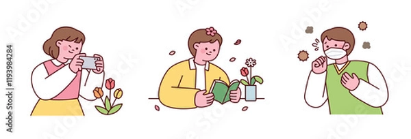 Obraz Spring season. People taking pictures of pretty flowers, people reading books while looking at plants, people coughing from pollen allergies.