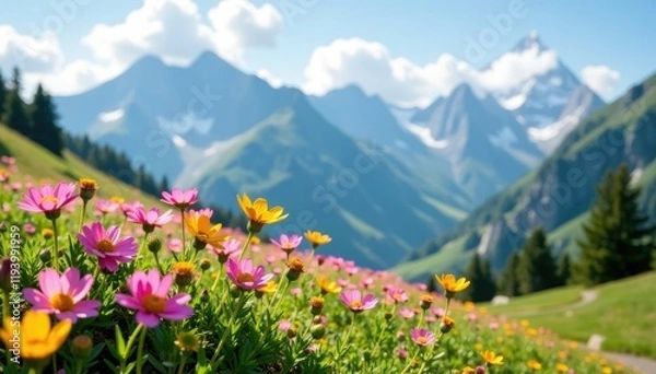 Fototapeta Soft petals of pink and yellow wildflowers swaying gently in the breeze beside towering mountain peaks, alpine, mountains