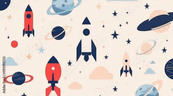 Fototapeta Cute Cartoon concept. Colorful rocket ships and planets in a playful, space-themed design background.