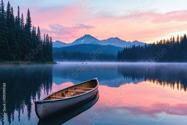 Obraz Calm Lake at Sunset with Boat and Misty Mountains in Background