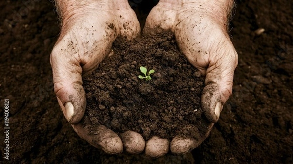 Fototapeta Farmer's hands gently cradling fertile soil with a tiny sprout, symbolizing growth, nature, and new beginnings.